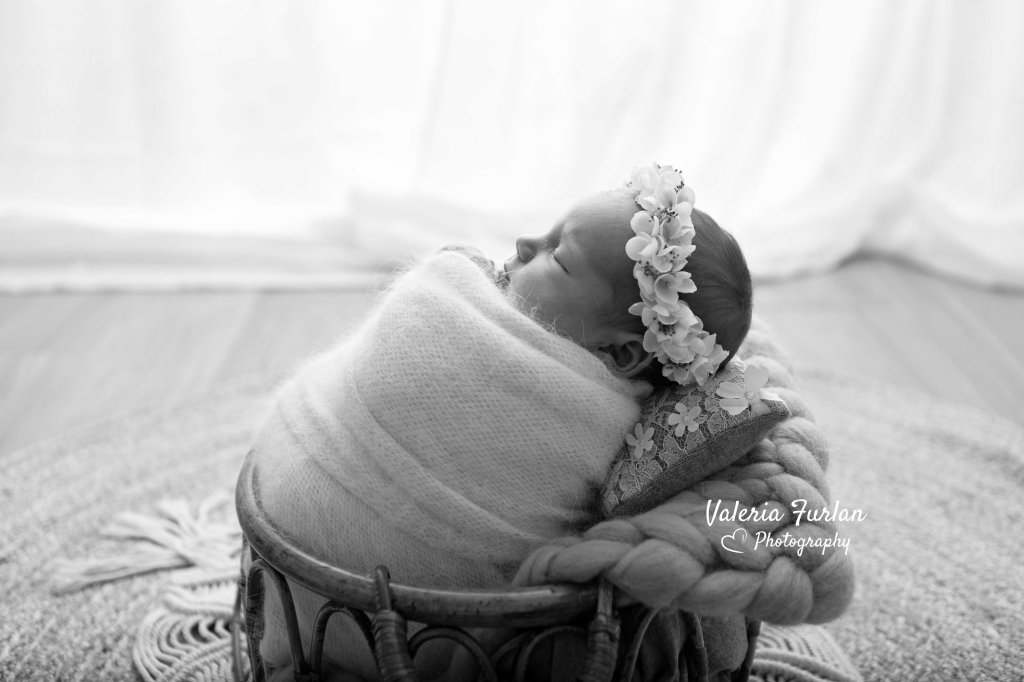Séance photo de naissance lifestyle à Strasbourg nouveau-né dans panier noir et blanc