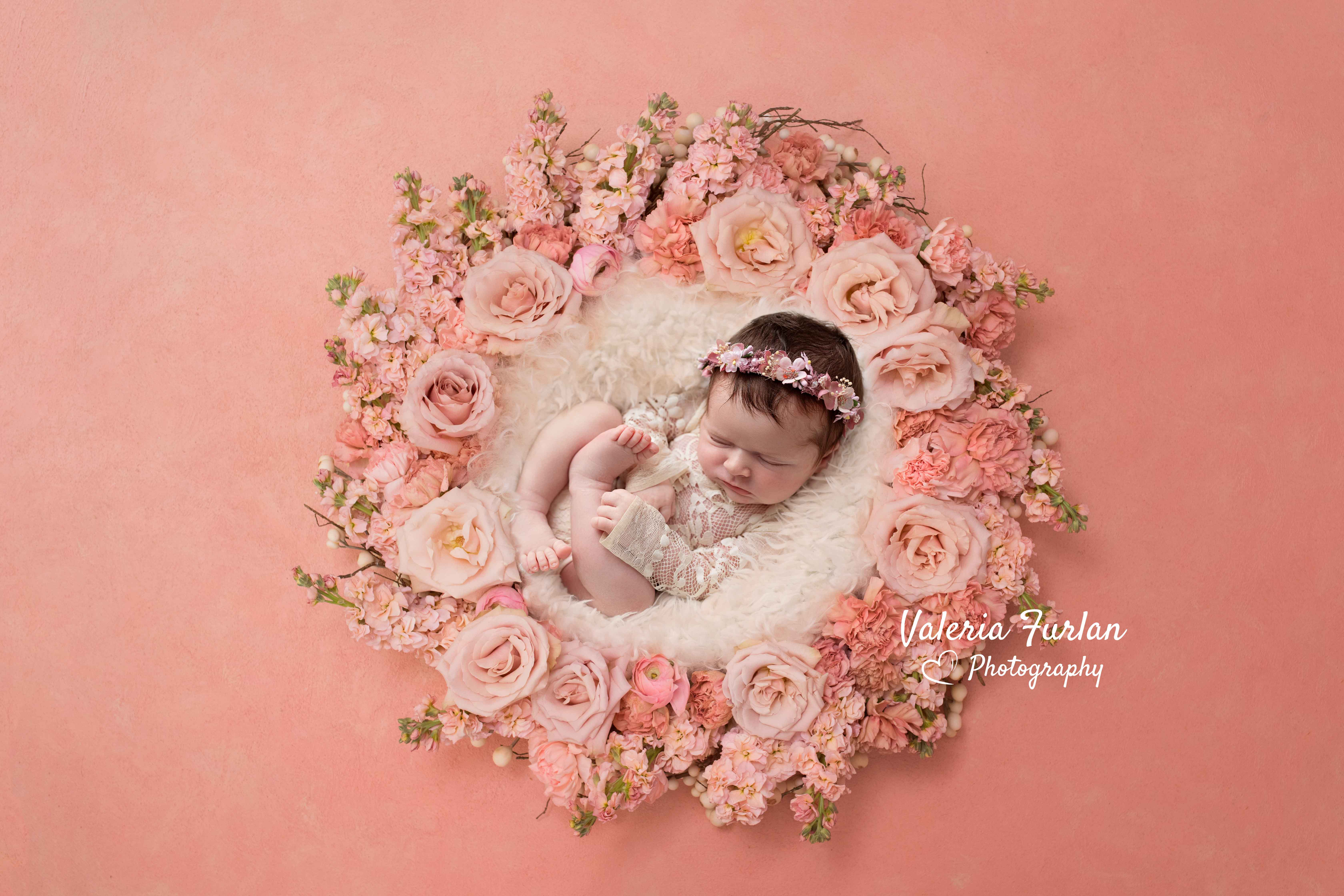 Photo de naissance newborn posing bébé dans panier avec fleurs